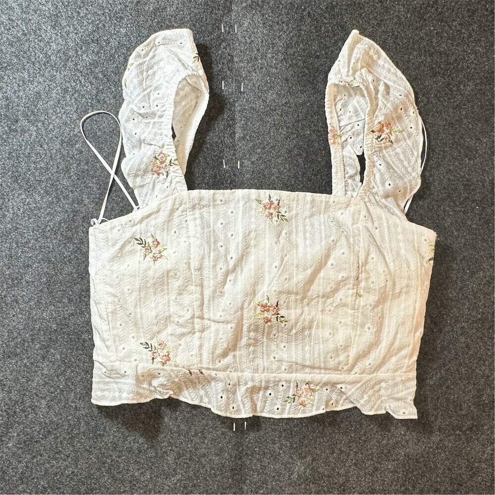 Kirious Los Angeles Crop Top Womens Size S White Pink Floral Ruffle Tie